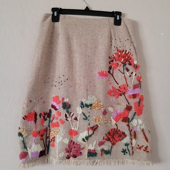 Sleeping on Snow Floral Embroidered Herringbone Wool Midi Skirt
